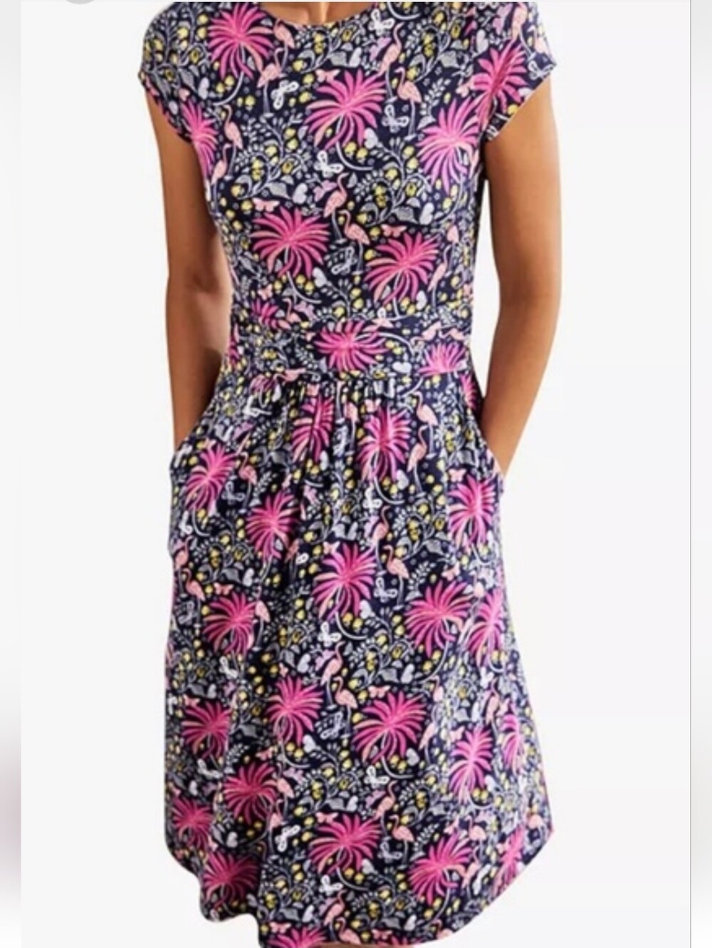 BODEN Amelie Print Jersey Pink Navy Tropical Charm Flamingo Pockets Size 6PBODEN